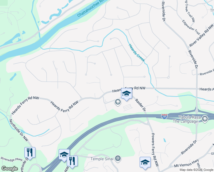 map of restaurants, bars, coffee shops, grocery stores, and more near 1005 Heards Ferry Road Northwest in Atlanta