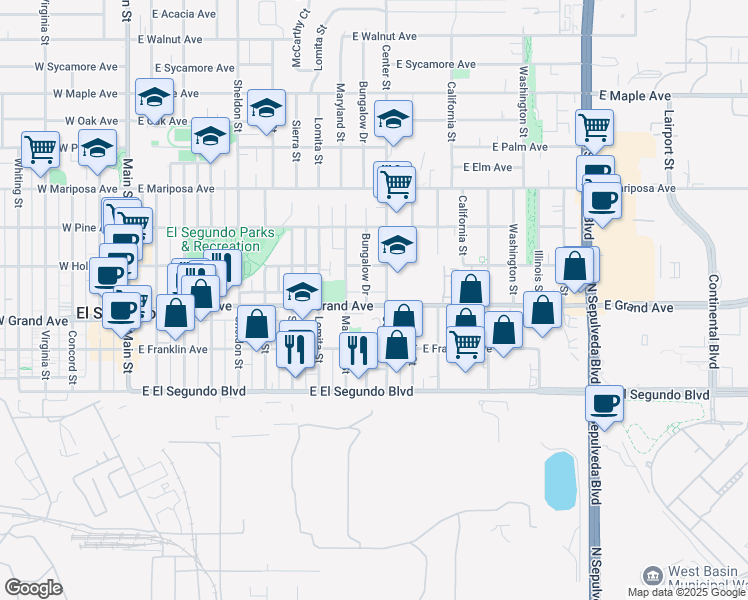 map of restaurants, bars, coffee shops, grocery stores, and more near 1009 East Grand Avenue in El Segundo