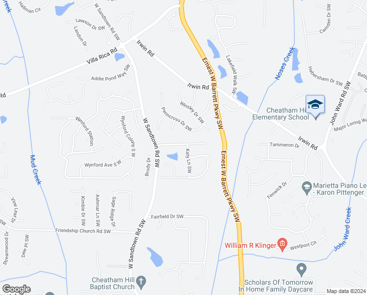map of restaurants, bars, coffee shops, grocery stores, and more near 2810 Brookwest Drive Southwest in Marietta