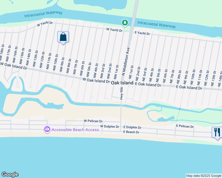 map of restaurants, bars, coffee shops, grocery stores, and more near 105 Southwest 1st Street in Oak Island