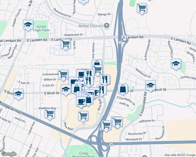 map of restaurants, bars, coffee shops, grocery stores, and more near 145 South State College Boulevard in Brea