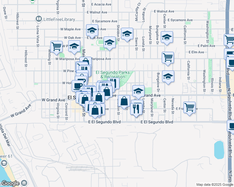 map of restaurants, bars, coffee shops, grocery stores, and more near 431 East Grand Avenue in El Segundo