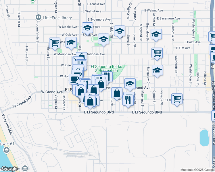 map of restaurants, bars, coffee shops, grocery stores, and more near 431 East Grand Avenue in El Segundo