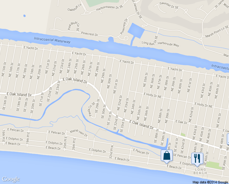 map of restaurants, bars, coffee shops, grocery stores, and more near 128 Northeast 31st Street in Oak Island
