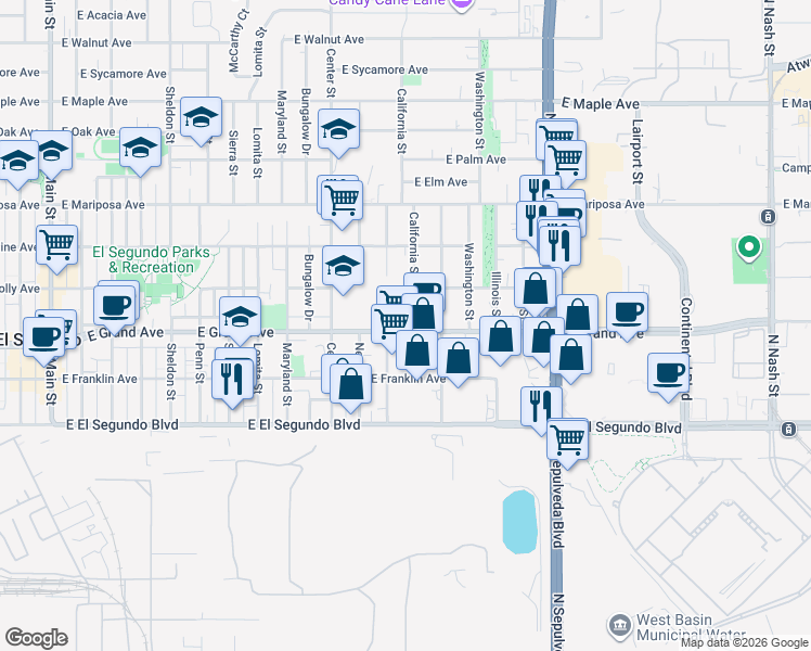 map of restaurants, bars, coffee shops, grocery stores, and more near 1301 East Grand Avenue in El Segundo