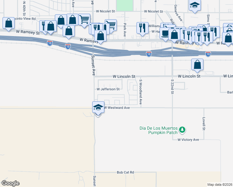 map of restaurants, bars, coffee shops, grocery stores, and more near 2905 Summer Set Circle in Banning