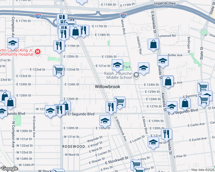 map of restaurants, bars, coffee shops, grocery stores, and more near 2222 East 124th Street in Compton
