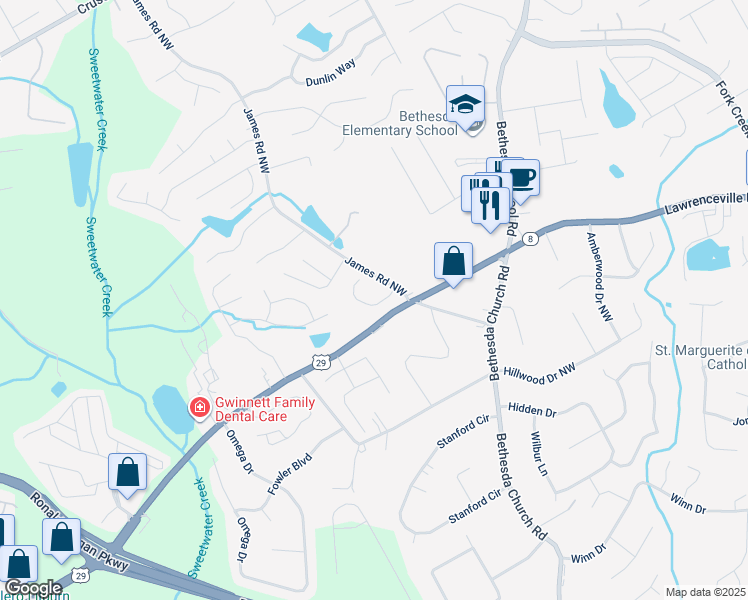 map of restaurants, bars, coffee shops, grocery stores, and more near 3173 Glenloch Place in Lawrenceville