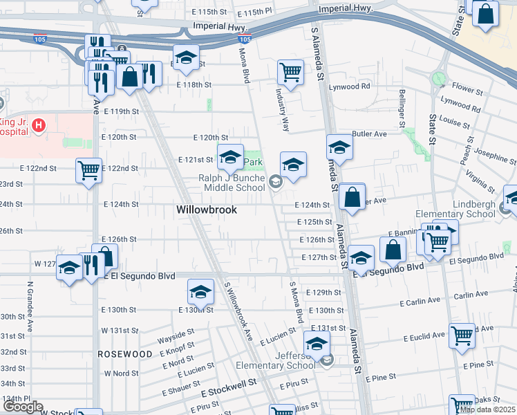 map of restaurants, bars, coffee shops, grocery stores, and more near 2434 East 124th Street in Compton