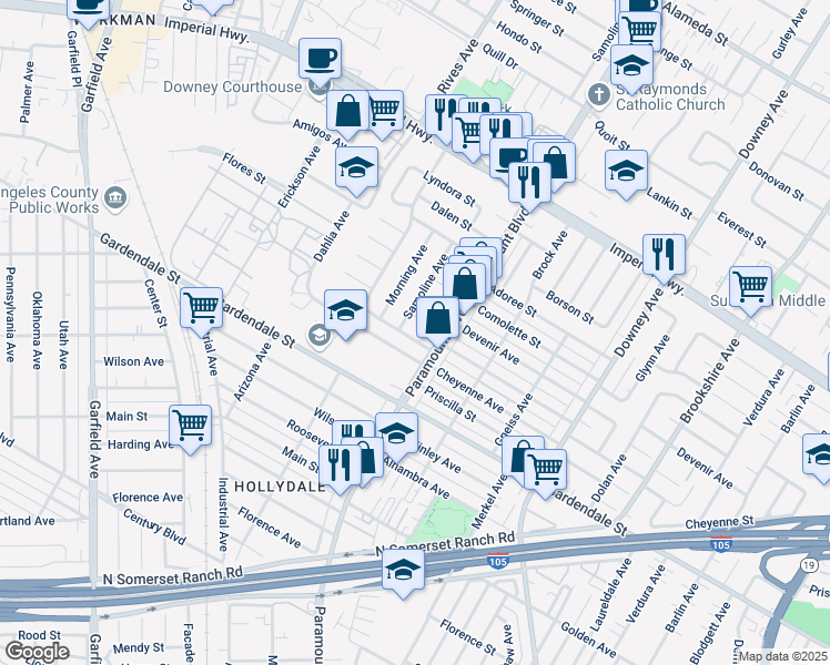 map of restaurants, bars, coffee shops, grocery stores, and more near 7945 Puritan Street in Downey