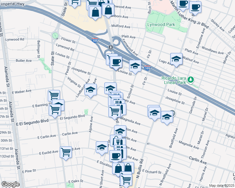 map of restaurants, bars, coffee shops, grocery stores, and more near 11916 Long Beach Boulevard in Lynwood