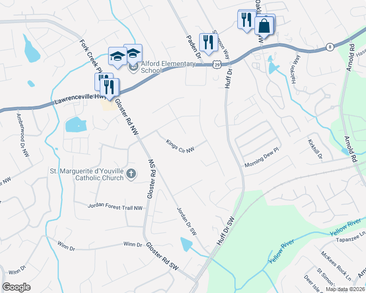 map of restaurants, bars, coffee shops, grocery stores, and more near 2631 Kings Circle Northwest in Lawrenceville