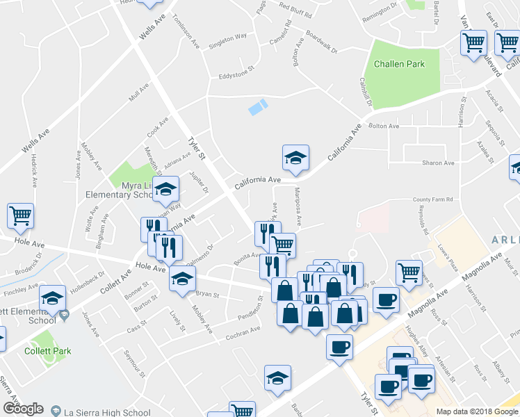 map of restaurants, bars, coffee shops, grocery stores, and more near 10274 Clara Vista Lane in Riverside