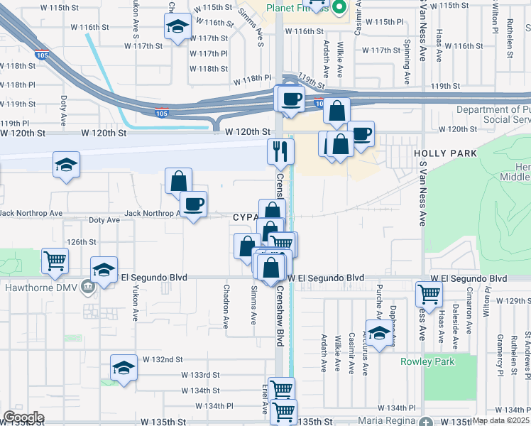 map of restaurants, bars, coffee shops, grocery stores, and more near 3124 Jack Northrop Avenue in Hawthorne
