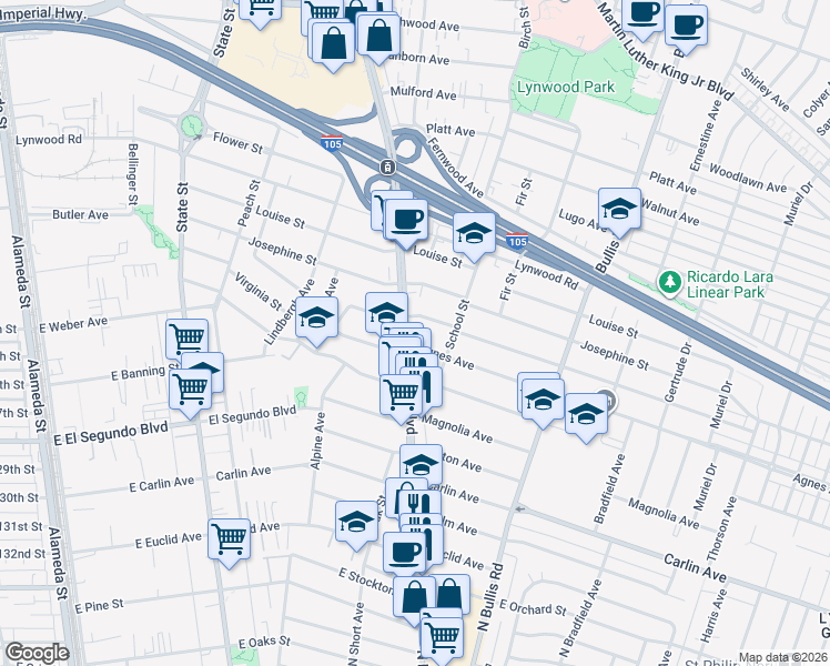 map of restaurants, bars, coffee shops, grocery stores, and more near 11916 Long Beach Boulevard in Lynwood