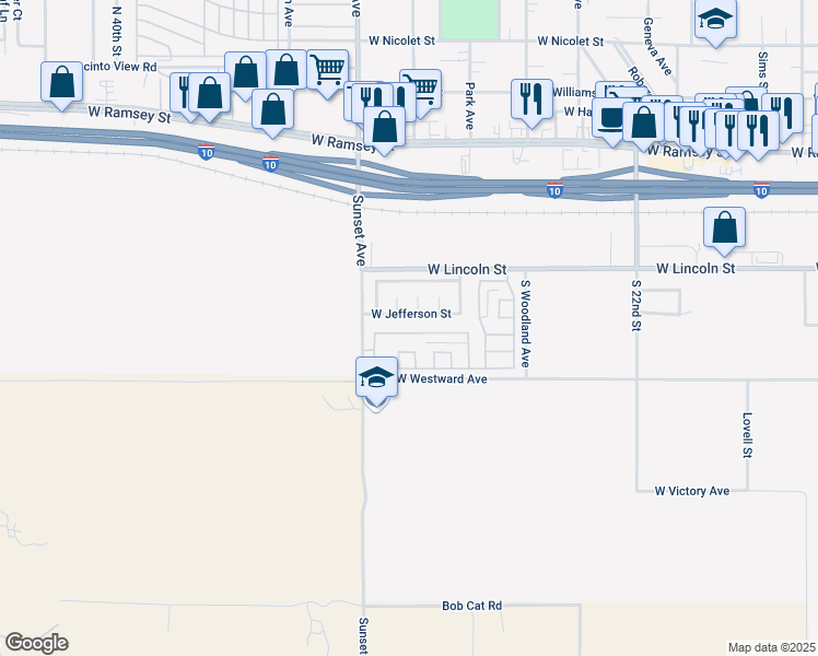 map of restaurants, bars, coffee shops, grocery stores, and more near 3030 Summer Set Circle in Banning