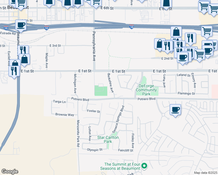 map of restaurants, bars, coffee shops, grocery stores, and more near 73 Berkshire Avenue in Beaumont