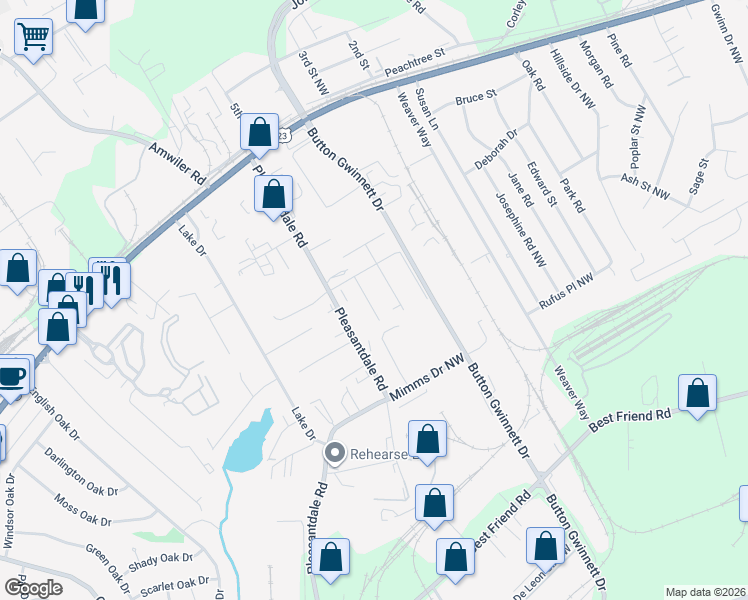 map of restaurants, bars, coffee shops, grocery stores, and more near 6441 Elrod Street Northwest in Atlanta