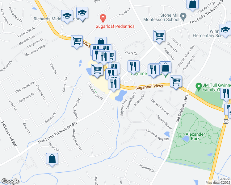 map of restaurants, bars, coffee shops, grocery stores, and more near 1440 Five Forks Trickum Road Southwest in Lawrenceville