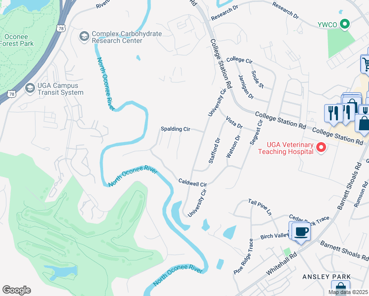 map of restaurants, bars, coffee shops, grocery stores, and more near 135 Phinizy Lane in Athens