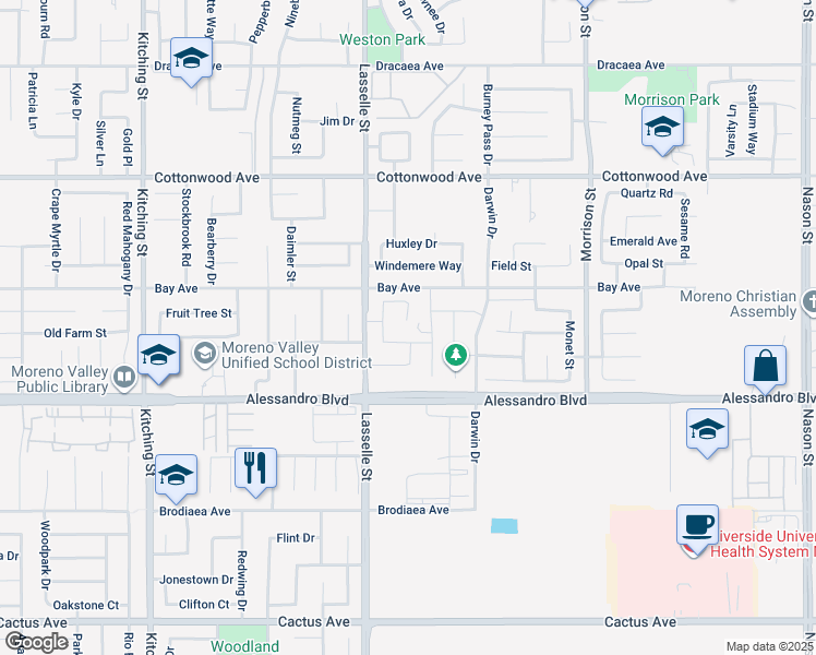map of restaurants, bars, coffee shops, grocery stores, and more near 13836 Westwind Lane in Moreno Valley