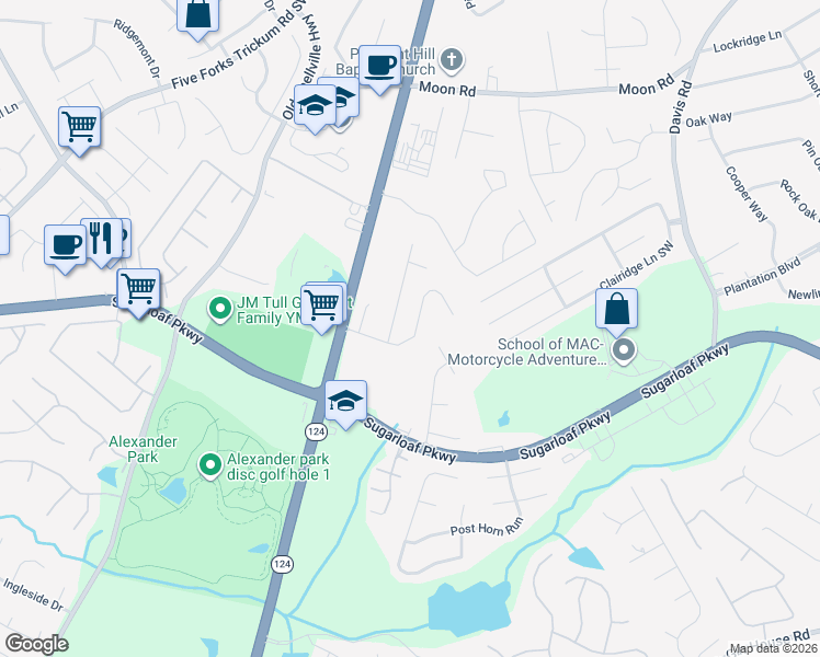 map of restaurants, bars, coffee shops, grocery stores, and more near 1127 Scenic Park Trail Southwest in Lawrenceville