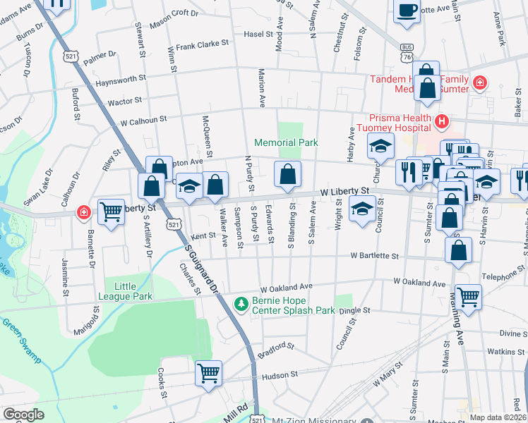 map of restaurants, bars, coffee shops, grocery stores, and more near 12 Edwards Street in Sumter
