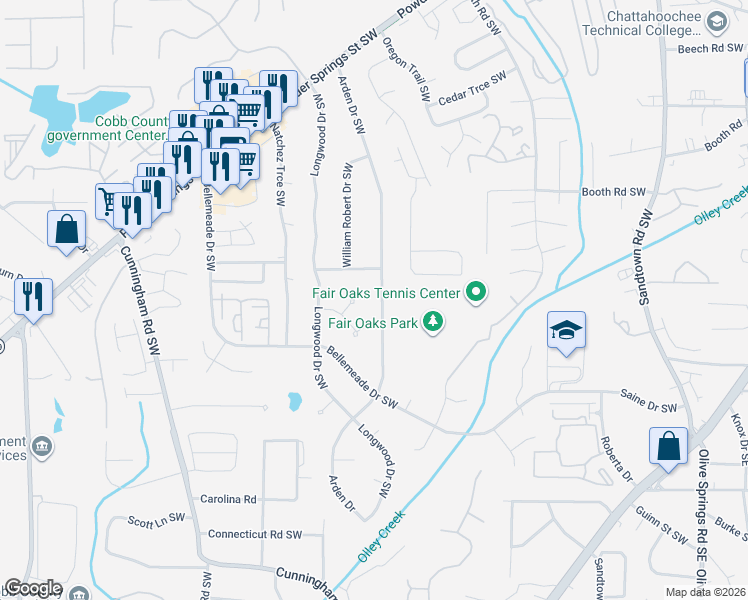 map of restaurants, bars, coffee shops, grocery stores, and more near 1364 Arden Drive Southwest in Marietta