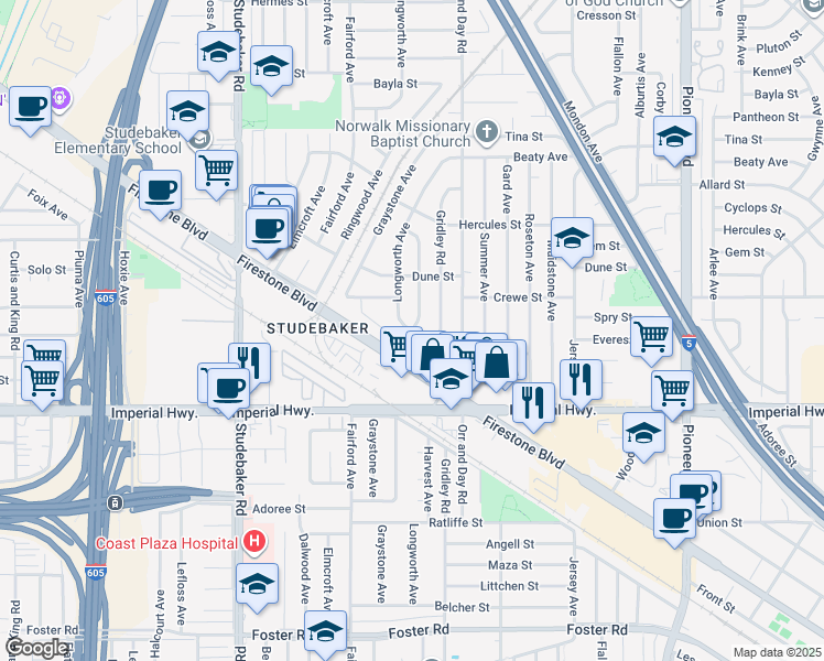 map of restaurants, bars, coffee shops, grocery stores, and more near 14113 Harvest Avenue in Norwalk