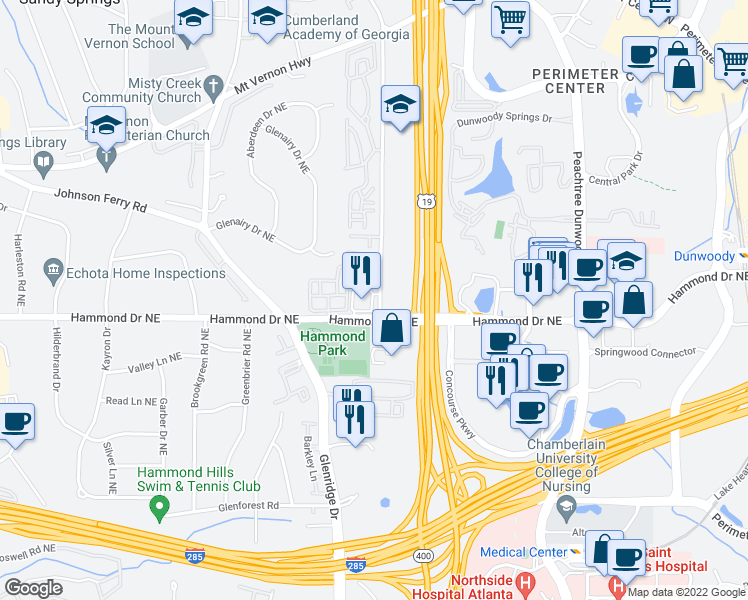map of restaurants, bars, coffee shops, grocery stores, and more near 5995 Hammond Drive in Sandy Springs