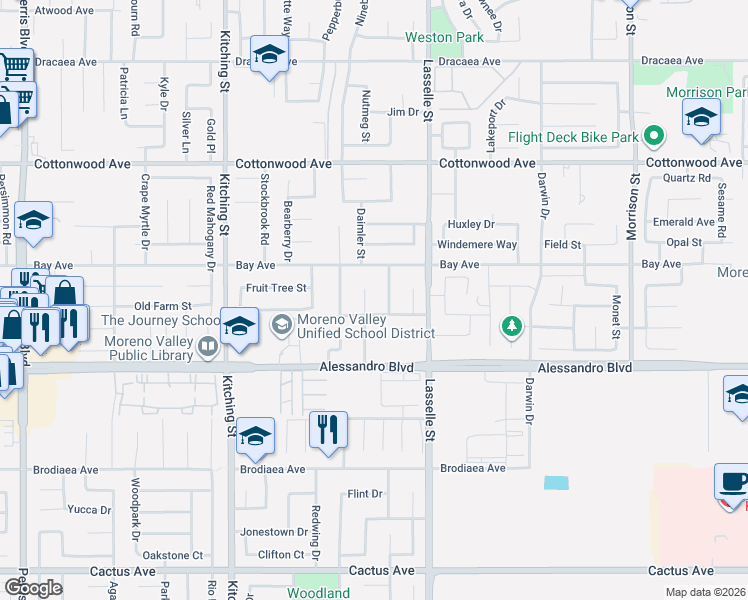 map of restaurants, bars, coffee shops, grocery stores, and more near 13850 Chervil Court in Moreno Valley