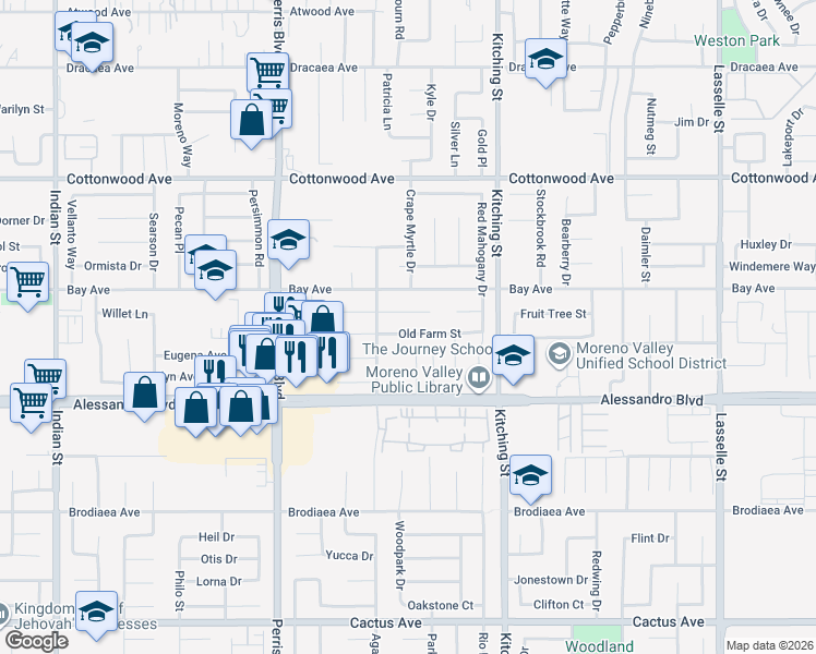 map of restaurants, bars, coffee shops, grocery stores, and more near 25325 Old Farm Street in Moreno Valley