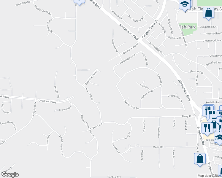 map of restaurants, bars, coffee shops, grocery stores, and more near 7007 Golden Vale Drive in Riverside