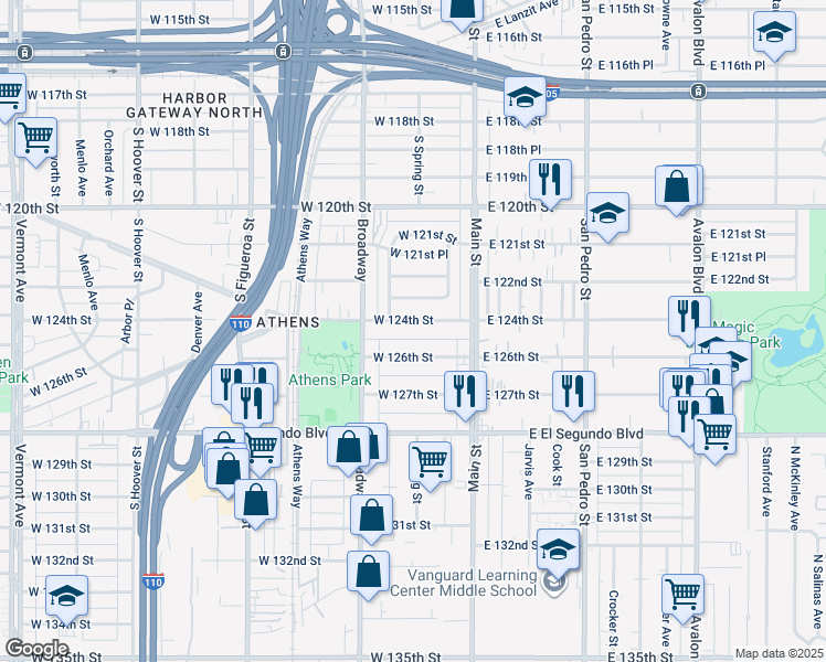 map of restaurants, bars, coffee shops, grocery stores, and more near 206 West 124th Street in Los Angeles
