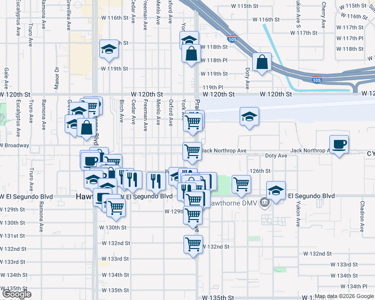 map of restaurants, bars, coffee shops, grocery stores, and more near 12435 Prairie Avenue in Hawthorne