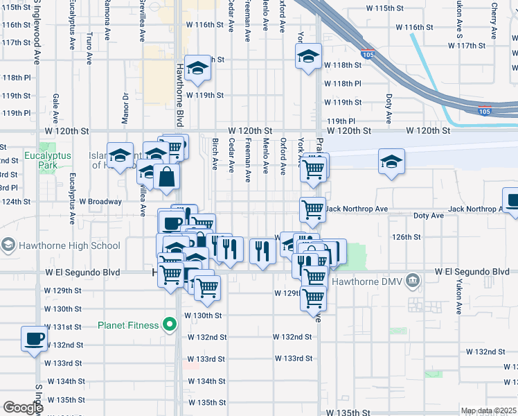 map of restaurants, bars, coffee shops, grocery stores, and more near 12420 Menlo Avenue in Hawthorne
