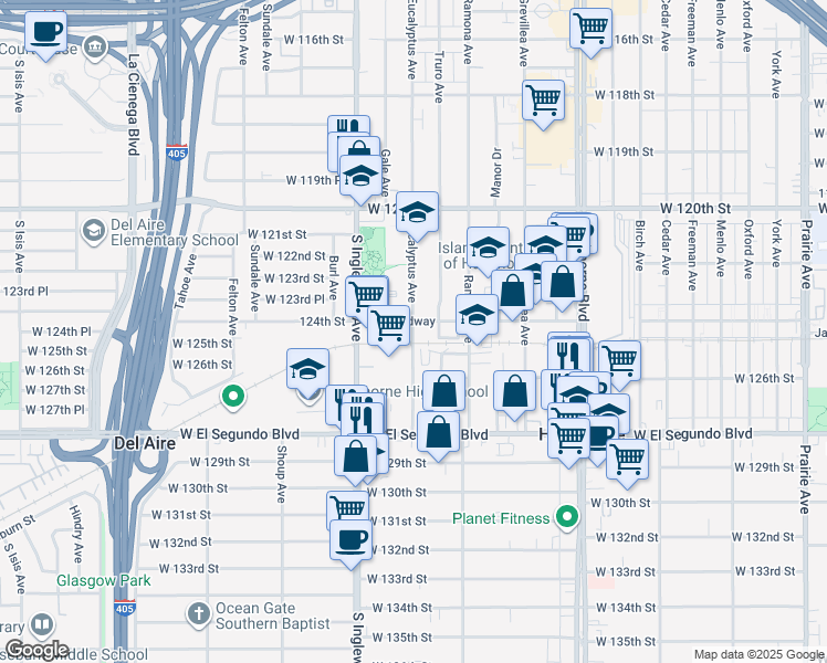 map of restaurants, bars, coffee shops, grocery stores, and more near 12428 Eucalyptus Avenue in Hawthorne