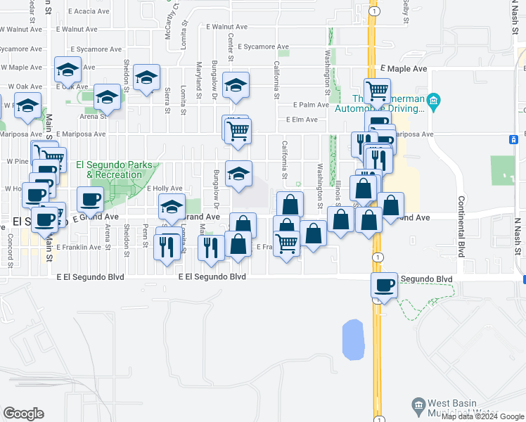 map of restaurants, bars, coffee shops, grocery stores, and more near 1301 East Grand Avenue in El Segundo