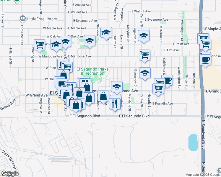 map of restaurants, bars, coffee shops, grocery stores, and more near 601 East Grand Avenue in El Segundo