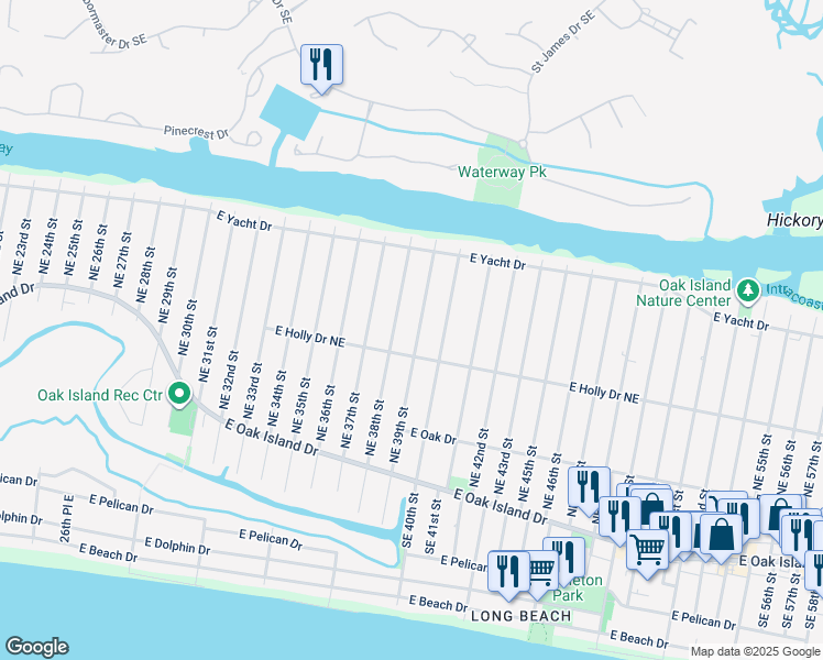 map of restaurants, bars, coffee shops, grocery stores, and more near 209 Northeast 39th Street in Oak Island