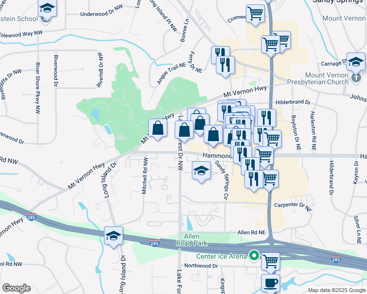 map of restaurants, bars, coffee shops, grocery stores, and more near 100 Hammond Drive in Atlanta