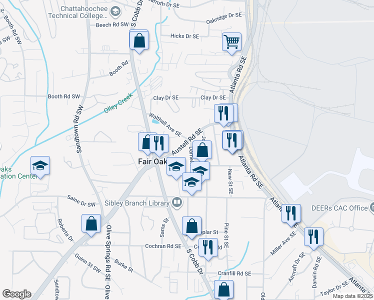 map of restaurants, bars, coffee shops, grocery stores, and more near 1373 Darnell Road Southeast in Marietta
