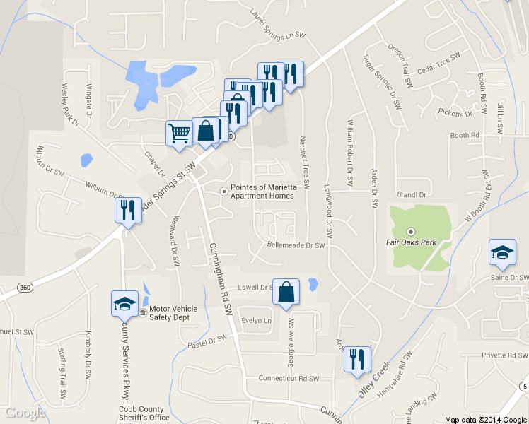 map of restaurants, bars, coffee shops, grocery stores, and more near 1344 Old Coach Road Southwest in Marietta