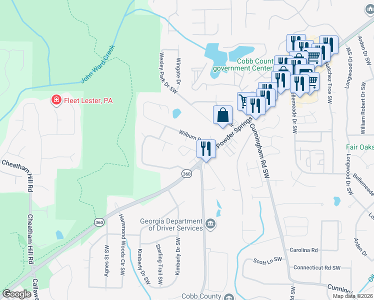 map of restaurants, bars, coffee shops, grocery stores, and more near 1158 Arrowlake Road in Marietta