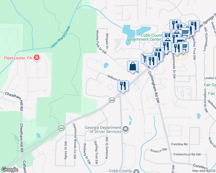 map of restaurants, bars, coffee shops, grocery stores, and more near 1158 Arrowlake Road in Marietta