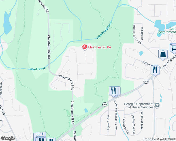 map of restaurants, bars, coffee shops, grocery stores, and more near 1452 Bailey Farm Drive Southwest in Marietta
