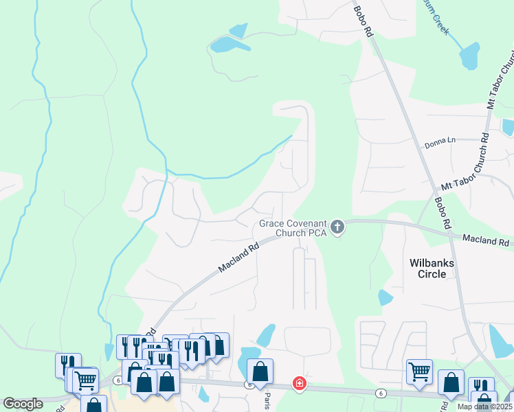 map of restaurants, bars, coffee shops, grocery stores, and more near 823 Macland Road in Dallas