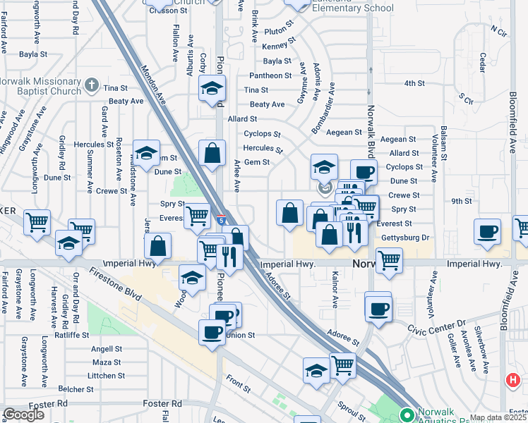 map of restaurants, bars, coffee shops, grocery stores, and more near 12309 Bombardier Avenue in Norwalk