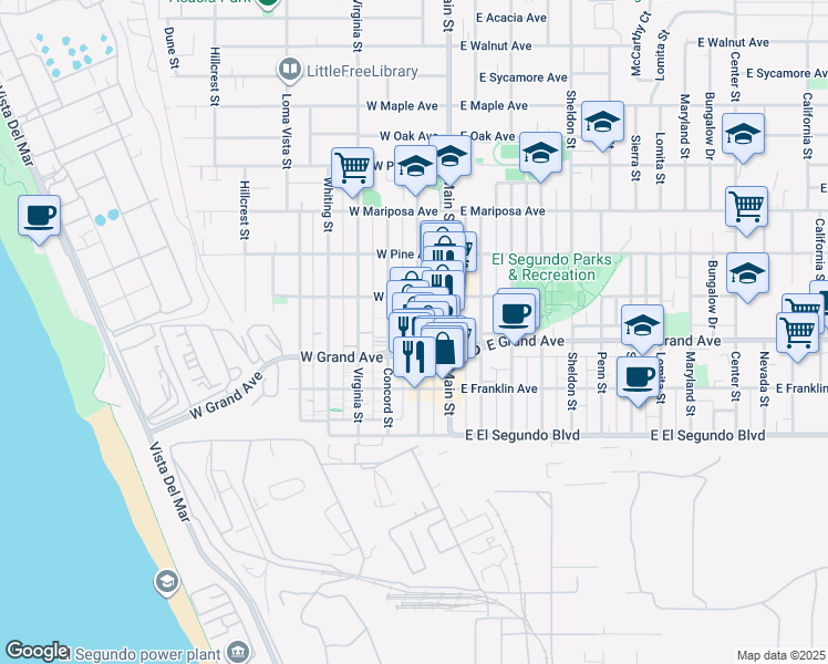 map of restaurants, bars, coffee shops, grocery stores, and more near 327 Richmond Street in El Segundo