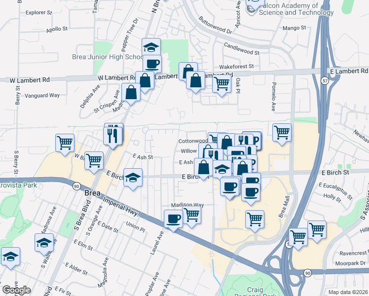 map of restaurants, bars, coffee shops, grocery stores, and more near 615 Willow Drive in Brea
